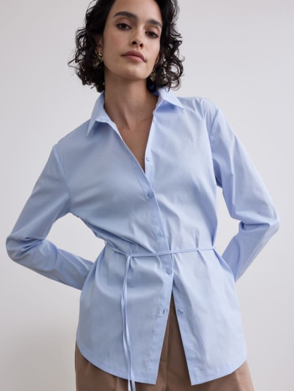 Striped Button-Down Shirt With Tie - Women